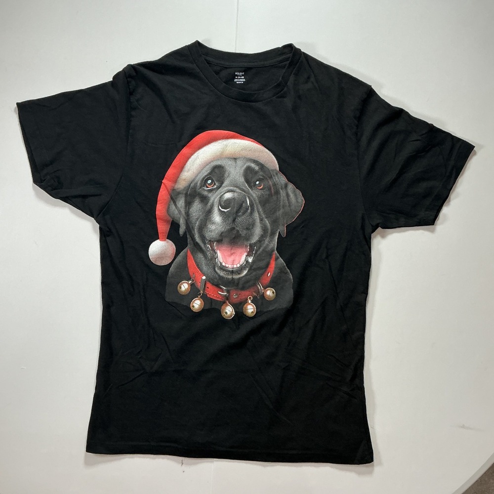 Holiday Time Christmas Black Lab Dog Graphic Tee Mens M Black Santa Hat